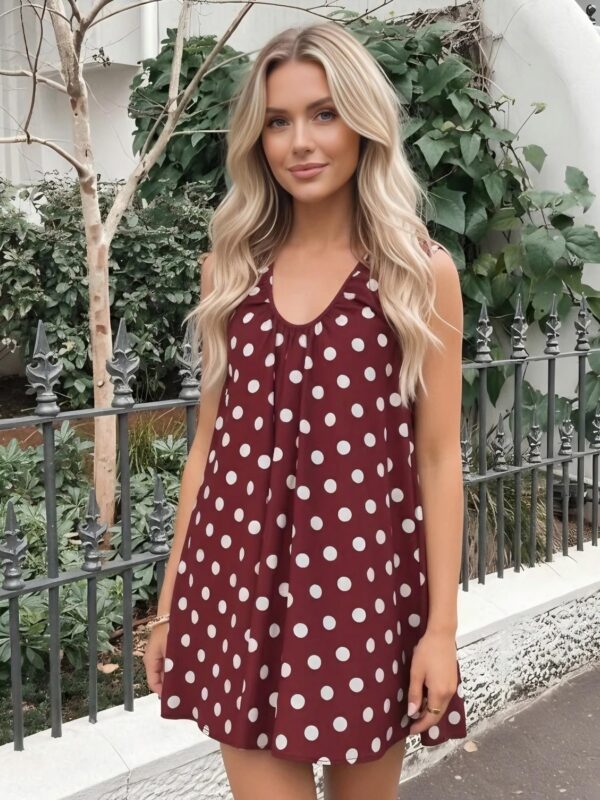 Women's Sleeveless Red Dress with White Polka Dots, Casual Summer Style Dress