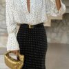 French Street Style Polka Dot Print Black Mermaid Hem Bodycon Midi Skirt