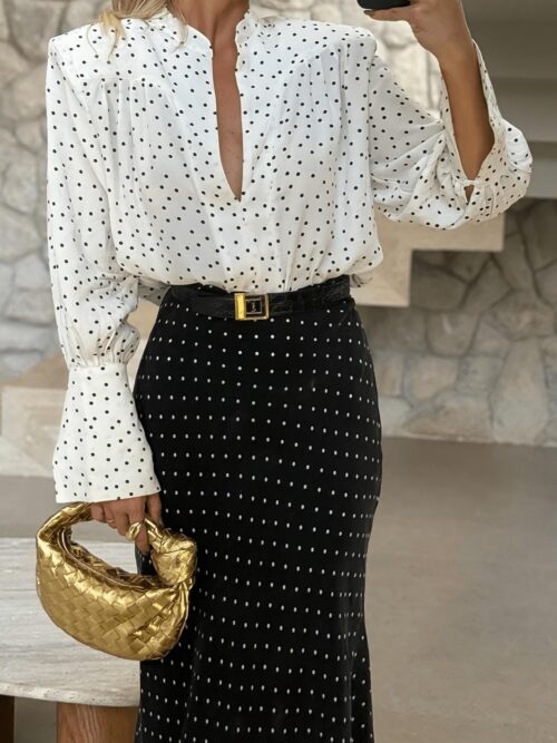 1040g0o031phm3uqgjo005pas2u1gl2dsrbsln0g French Street Style Polka Dot Print Black Mermaid Hem Bodycon Midi Skirt