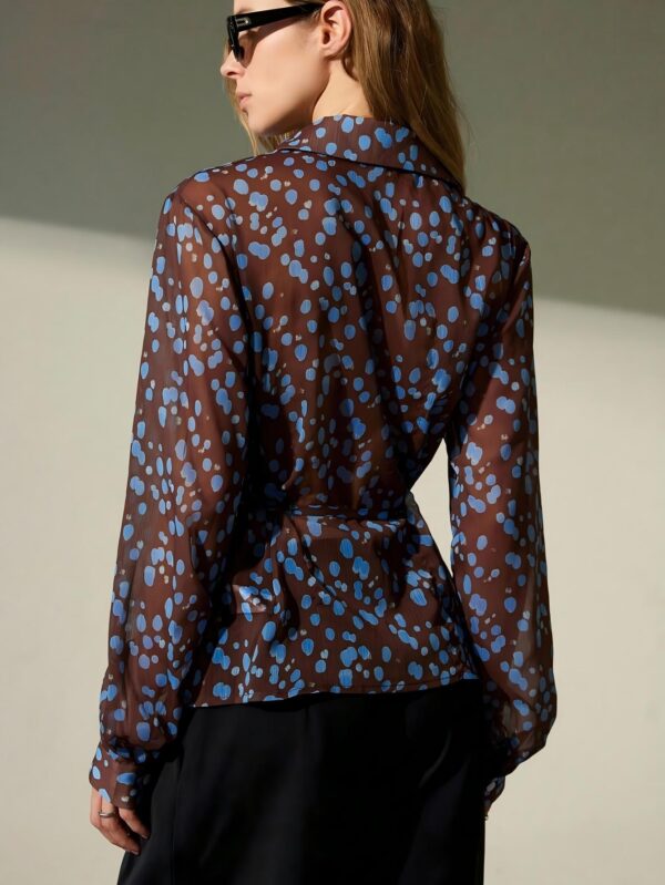 Blue Polka Dot Print Shirt with Classic Lapel Design and Adjustable Drawstring Waist
