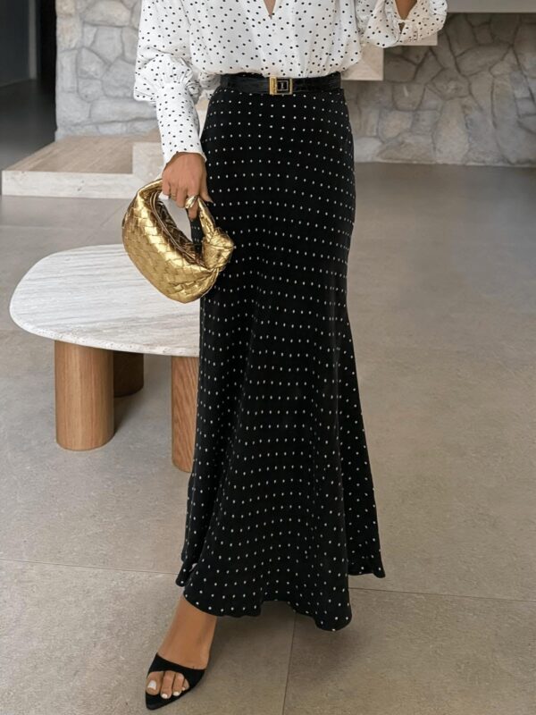 French Street Style Polka Dot Print Black Mermaid Hem Bodycon Midi Skirt