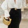 French Street Style Polka Dot Print Black Mermaid Hem Bodycon Midi Skirt