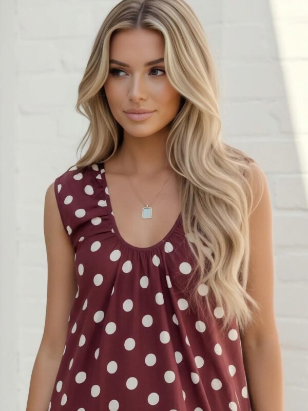 Women's Sleeveless Red Dress with White Polka Dots, Casual Summer Style Dress