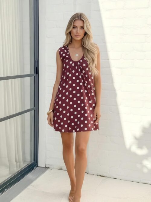 1040g3no31phmhfgvjq0g5pas2u1gl2dsu0ha54o Women's Sleeveless Red Dress with White Polka Dots, Casual Summer Style Dress
