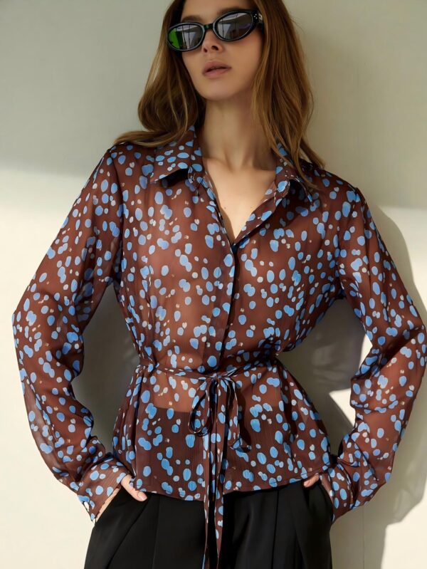 Blue Polka Dot Print Shirt with Classic Lapel Design and Adjustable Drawstring Waist