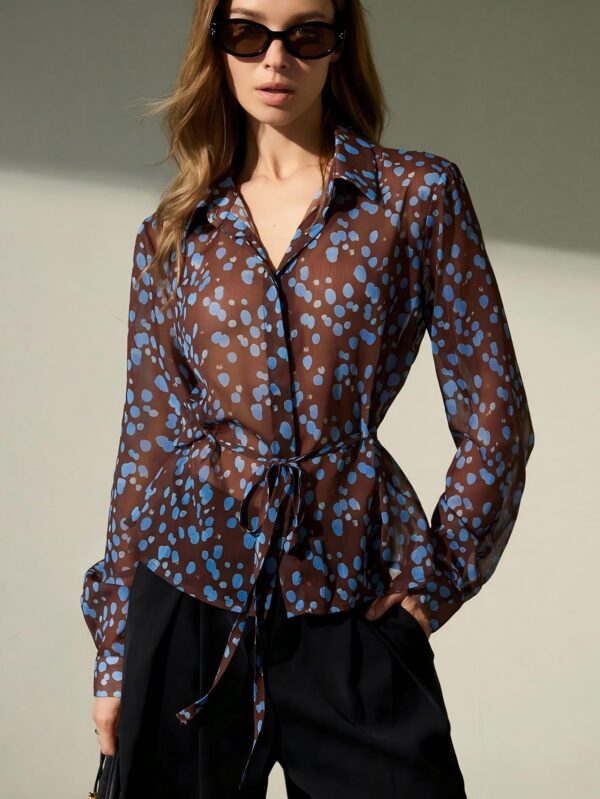 Blue Polka Dot Print Shirt with Classic Lapel Design and Adjustable Drawstring Waist